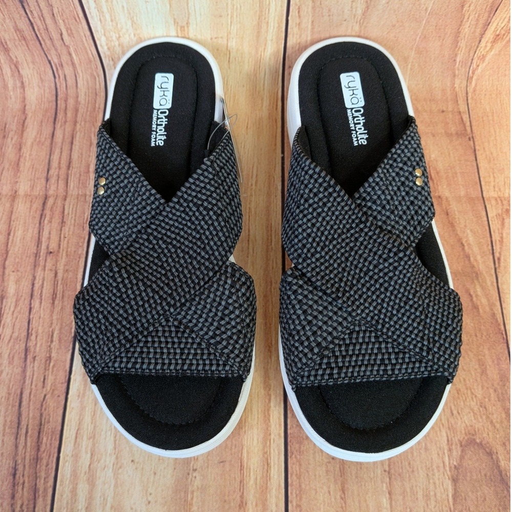 Ryka Nadine Women Black Woven Cross Slide Sandals OrthoLite Memory Foam Size 9M